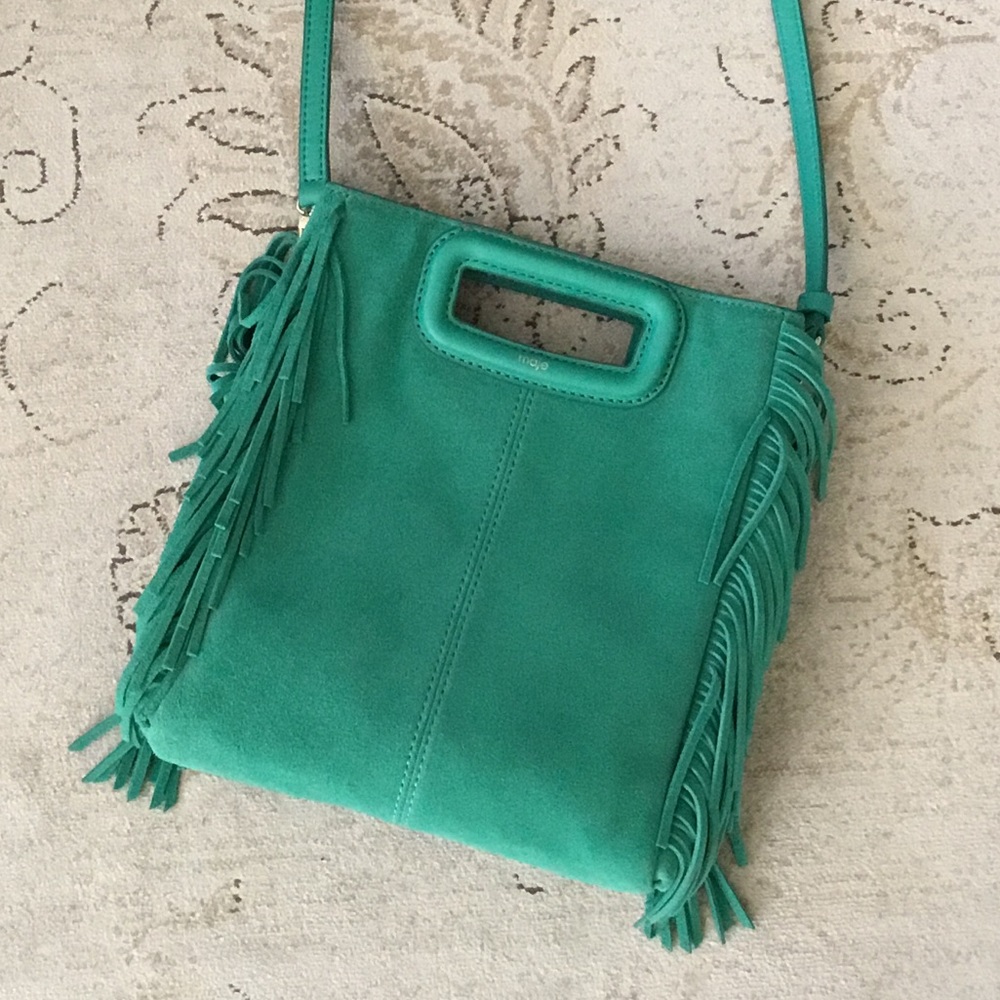 Maje Teal Green Suede Fringe Crossbody Bag